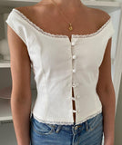 Purpdrank - Summer Women Kawaii White Lace Frill Button Off Shoulder Crop Tops Korean Female Fairy Grunge 2000s Aesthetic Clothes Streetwear
