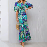 Purpdrank  Summer Elegant Women Blue Flower Print Dress Lantern Sleeve And Ankle  Slim Bodycon O-neck Pastoral Style Party Dress
