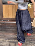 Purpdrank  Chic Autumn New Retro All-Match Elastic Waist Dstring Loose Casual Wide Leg Jeans Women's Trousers Casual Loose Fit Jeans