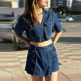 Purpdrank  Casual Solid Pocket Commuting Outfits Summer Women's V Neck Top with Shorts Two Piece Vintage Street High Waist Denim Suit