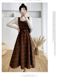 Purpdrank - High Quality Fall Winter Women Sweater Overalls Dress Sets Casual Knitted Tops +Plaid Woolen Dress 2 Piece Sets Outfits Female