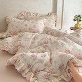 Purpdrank  3/4Pcs Korean Floral Lace Ruffles 100% Cotton Bedding Set Single Queen king Duvet Cover Set Flat/Fitted Bed Sheet Pillowcases