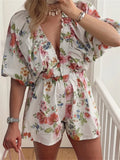 Purpdrank  Women Deep V-Neck Loose Rompers Floral Print Short Puff Sleeve Summer Jumpsuits High Waist Playsuits Streetwear