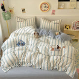 Purpdrank  Cute Cartoon Embroidery Stripe Bedding Set Washed Cotton Soft Four Piece Sets Pillowcase Duvet Cover Set 200x230cm Home Textiles