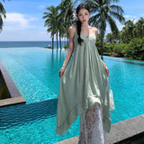 Purpdrank  French Style Niche Stunning Green V-neck Strap Dress for Women Summer Beach Vacation Pure Desire Sexy Backless Long Dress