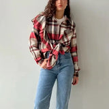 Purpdrank  Vintage Long Sleeves Pocket Blouses Collared Casual Tops 2025 Plaid Shirts for Women Spring Autumn Ruffle Button Down Shirts