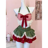 Purpdrank  Y2K 2 Pieces Set Woman Outfit Kawaii Bow Plaid Lace Halter Tops Gyaru Ruffles Mini Skirt Summer Japanese Design Clothes
