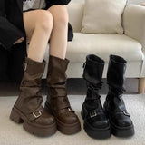 Purpdrank  Retro Mid-Calf  Boots Women's Long Boots Thi Bot ort Boots Korean Sle Spring Autumn Season Flat Heel PU Material