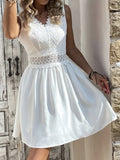 Purpdrank   Vintage White Mini Dresses Women Summer Sleeveless Lace Patchwork Dress Fashion Hollow Out High Waist Beach Dresses Vestidos