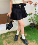 Purpdrank  Summer Vintage Women's Pleated Skirts with Belted 2025 New Solid High Waist Casual Loose A-line Sexy Mini Skirts Female