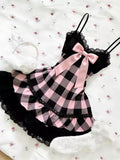 Purpdrank  Summer Japanese Kawaii Sweet Mini Dress Women Plaid Strapless Lace Trim Elegant Sexy Dress Female Korean Chic Popular Clothes