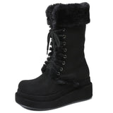 Purpdrank  Winter Warm Faux Fur Mid Calf Snow Boots Fashion Platform Wedges High Heels Side Zipper Lace-up Boots for Women