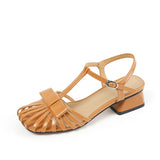Purpdrank  New Shallow Rome Thick Med Heels Shoes Buckle Strap Genuine Leather Sandals Women Ladies Shoes Leather Gladiator Sandals