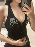 Purpdrank  Summer Vests 2025 Women's Sexy Skull Crystal Sleeveless Halter Neck Button Through Streetwear Vests