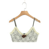 Purpdrank  Highstreet 2 pieces 1 Set Camisole Women 3D Flower Wood ears Lace V neck Skinny Tank Tops Cool Girl Sexy Slim Crop Top