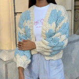 Purpdrank  Stripe Pattern Cropped Cardigans Vintage Lantern Sleeves Knitted Sweater Aesthetic Y2k Knitwear Coat Women Autumn Outwear Street