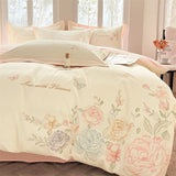 Purpdrank  Beige/Pink Flowers Butterfly Embroidery 100% Cotton Bedding Set Duvet Cover Set Bed Sheet/Fitted Sheet Pillowcases 4Pcs Bed Sets