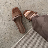 Purpdrank   Summer Brand Metal Belt Buckle Design Low Heel Sandals Women Fashion Street Style Square Toe Mules Slippers Zapatos De Mujer