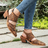 Purpdrank  Plus Size 48 Women's Western Cutout Laser-Cut Slingback Sandals Pointed Toe Chunky Wooden Heel Vintage Cowboy Shoes Brown/Pink