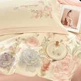 Purpdrank  Beige/Pink Flowers Butterfly Embroidery 100% Cotton Bedding Set Duvet Cover Set Bed Sheet/Fitted Sheet Pillowcases 4Pcs Bed Sets