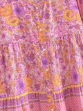 Purpdrank  BOHO V neck Flower Print Single-Breasted Buttons Mini Dress Woman Spliced Ruched Pleated Short Sleeve Loose Robe Holiday
