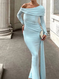 Purpdrank  Autumn Sexy Slanted Shoulder Wrap Hip Dress Women's Casual Long Sleeves Solid Gowns Dress Elegant Split Draped Long Party Dress