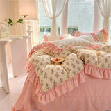 Purpdrank  Fashion Flower Bedding Set Bed Sheet Cute Princess AB Double Sided Ruffle Flower Quilt Cover Pillowcase Bedclothes Home Textiles