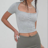 Purpdrank  Y2K Sexy V Neck Crop Top Women Low Cut Skinny Button Up Cropped T Shirts Summer Fashion Streetwear Solid Short Sleeve Tees