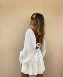 Purpdrank  Sexy Backless Hollow Out Lace Dress Women Robe Vintage Floral Embroidery Long Sleeve Cotton Mini Dresses Summer Vestidos