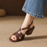 Purpdrank   Shoes Woman Summer Plus Size 34-42 Women's Cow Leather Narrow Band Cross Strap Hollow-out 6cm Thick Low Heel Casual Shoes