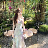Purpdrank  French Mermaid Princess Summer Elegant Fish Tail Gradient Strap Waist Inward New Style Beach Dress Vacation Long Dress