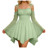 Purpdrank  Women's Boho Off Shoulder Tie Strap Mini Dress Bell Sleeve Asymmetrical Hem Corset Waist Gothic Dress Fairy Club Party Dresses
