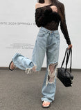 Purpdrank  Lace Spliced Ripped Jeans Female Vintage Fashion Loose Wide-leg Denim Trousers Casual Lazy Chic Light Blue Straight Pants Mujer