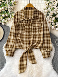 Purpdrank  Retro Hong Kong Sle Plaid Long Sve irt Women's ort Length Turn-down Collar Slimming Waist Tie Top for Autumn 2025