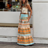 Purpdrank   Spring Summer Vacation Loose Long Skirt Elastic High Waist Hem Bohemian Women's Skirt Vintage Pattern Printed Pleated Half Skirt