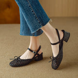 Purpdrank  High-quality square-toed bow high-heeled sandals, 2025 summer new hollowed-out fashionable woven casual mid-heeled women's shoes