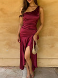 Purpdrank  Women's Elegant Burgundy Satin One Shoulder Bodycon Maxi Dress Ruched High Slit Formal Party Dress