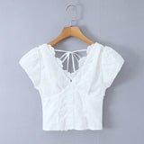 Purpdrank  Sweet White Embroidery Hollow Out Flower Cotton Lace V neck Short Puff Sleeve Shirt Women Zipper Elastic Back Slim Crop Tops
