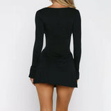 Purpdrank  Elegant Fashion Lace Trim Bodycon Dress Sexy Slim Deep V-Neck Long Sleeve Mini Dresses For Women Autumn Spring Streetwear