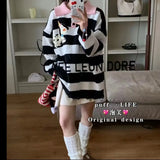 Purpdrank  Sweaters Women Korean Fashion Striped Turn-down Collar Pullover Outwear Autumn New Gentle Casual Sweater Pull Femme