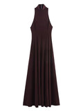 Purpdrank  Women's Evening Dresses Halter Backless Long Dress Autumn Female Velvet Sleeveless Slim Pleat Partywear Chic Ladies Vestido