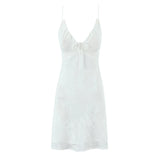 Purpdrank  Sexy White Jacquard Weave Floral Bow V neck Spliced Lace Sling Dress Women Slim Waist Chiffon Mini Dresses Party Robe
