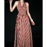 Purpdrank  Vintage Plaid Long Dress Women Vacation Beach Sexy Halter Floral Maxi Dresses Summer Korean Backless Bodycon Vestidos New