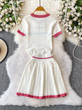Purpdrank  Korean Sle Student Stripe Knitted T-irt Top High Waist A-Line Skirt Set round Ne ort Sve Casual Faion Ensemble
