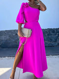 Purpdrank  Women Summer Skew Collar Loungewear Dress, Hollow Out Fashion Solid Elegant Maxi Dress, One Off Shoulder Patchwork Ladies Dress