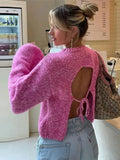 Purpdrank - Women Solid Knit O-neck Back Cut Out Sweaters Oversized Lace-up Long Sleeve Crop Top 2023 Autumn Sexy Highstreet Cloth Knitwear