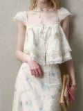 Purpdrank  French Style Floral Embroidery Cropped Blouse Shirt Women Beige Lace Lyocell Summer Vocation Casual Sexy Ladies Y2K Tops New