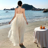 Purpdrank  French Style Halter Neck Dress with Floral Ruffles, Light Luxury Niche Gown