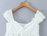 Purpdrank  Sweet White Hollow Out Embroidery Hole Bow V neck Wood ears Sleeve Tank Top Women Summer Elastic Back Swing Hem Vest Crop Top