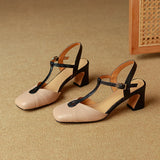 Purpdrank  Summer Women Shoes Genuine Leather Shoes for Women Square Toe Chunky Heel Women Sandals Retro Cover Toe Ankle Strap Shoes